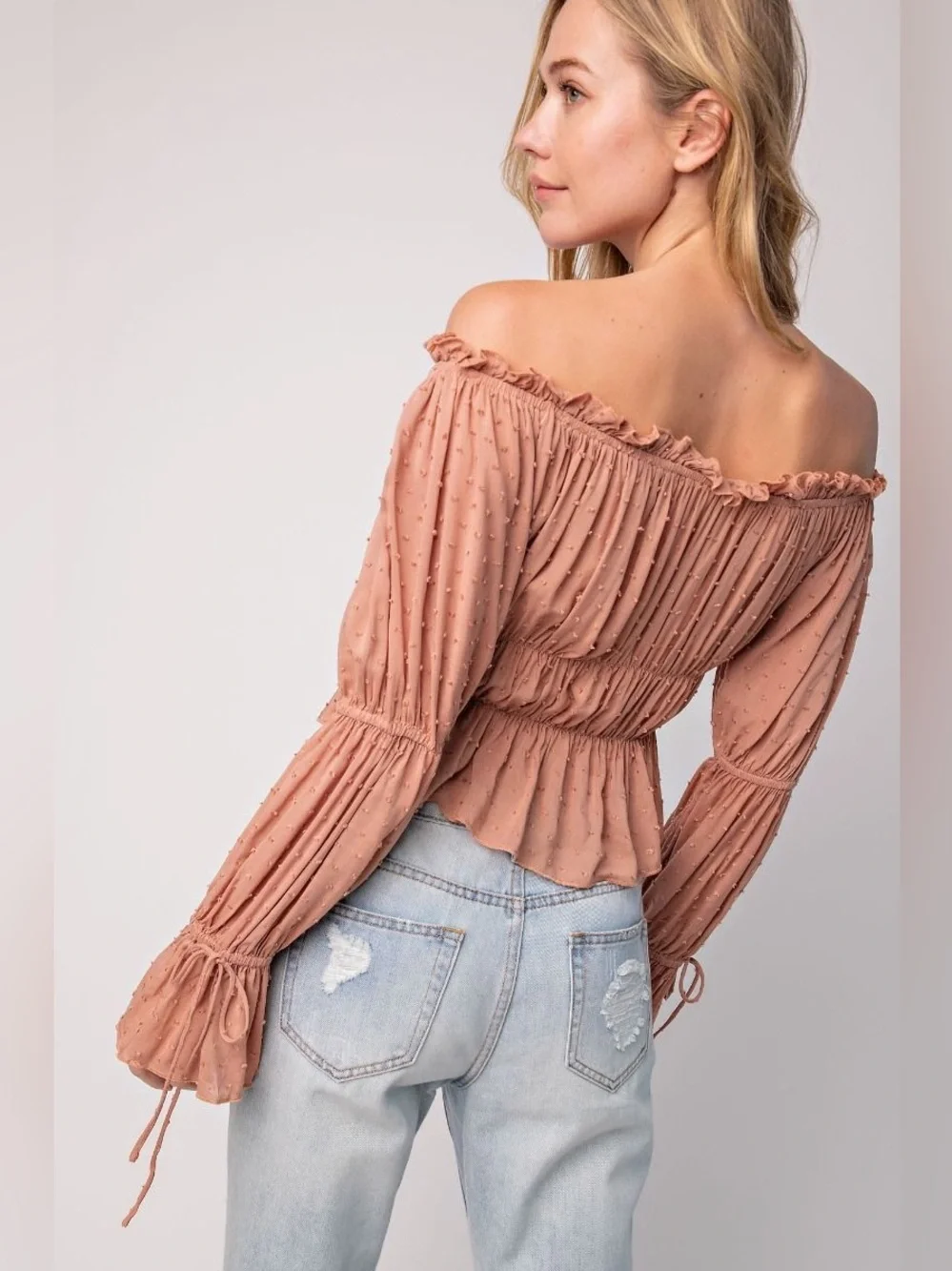 Easel | Ella Romantic Swiss Dot Off The Shoulder Blouse Bohemian Taupe New Small